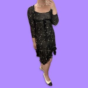 Sweet Y2K early 2000s floral embroidery black mesh romantic date dress.